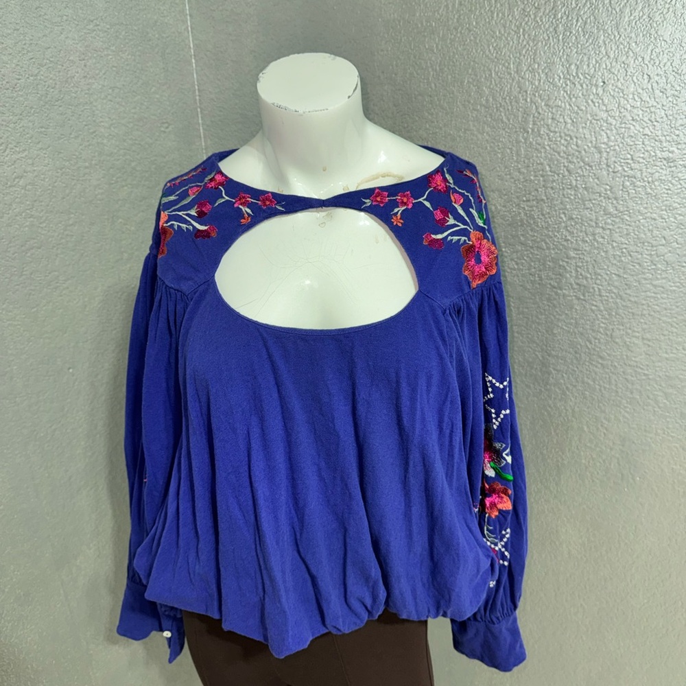 Free People Royal Blue Floral Embroidered Blouse - Picture 13 of 17